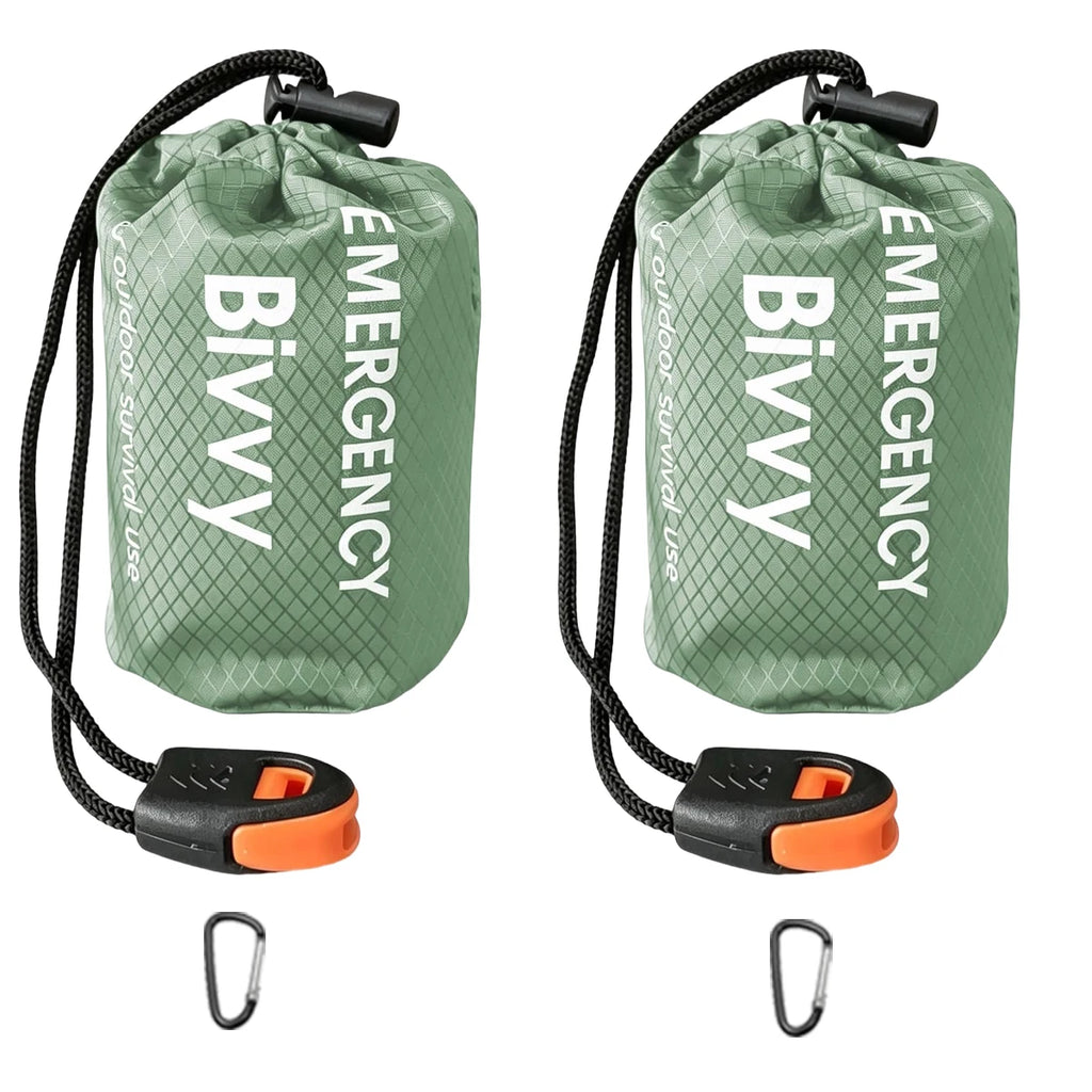 2 Pack Emergency Sleeping Bag, PE Aluminum Film Bivy Sack With Premium Pouch, Whistle & Carry Hook For Camping Hiking Car
