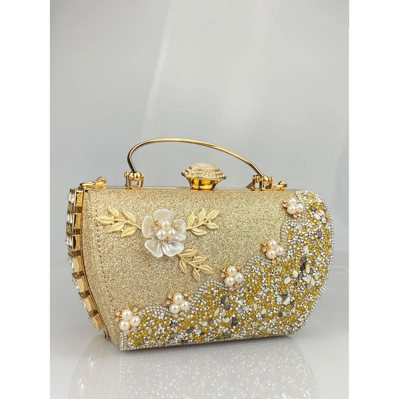 princess bag with metal rhinestone embellishments, evening party dress handbag, elegant women's handbag