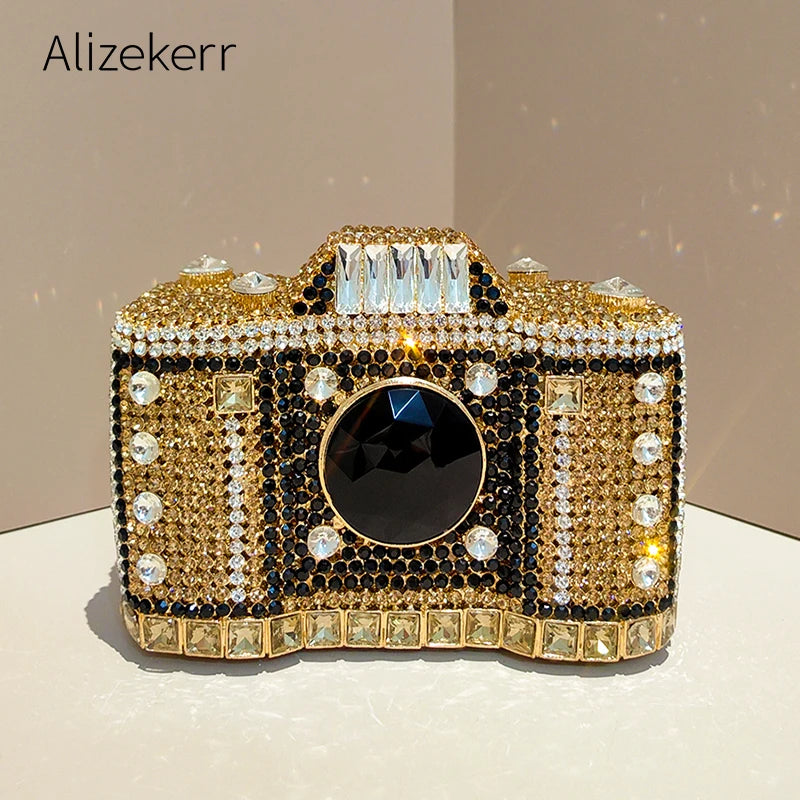 Camera Shaped Diamond Evening Clutch Bags 2024 New Boutique Novelty Metallic Rhinestone Purses And Handbags Bridal Wedding Party