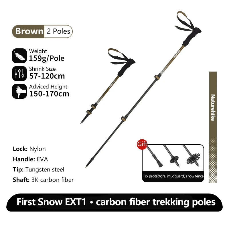 Naturehike Walking Stick First Snow EXT1 Carbon Fiber Hiking Poles 3 Section Ultra-light Telescopic Outdoor Climbing Hiking Cane
