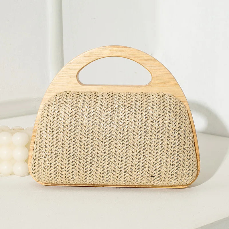 New Crescent Solid Wooden Handle Dinner Bag Summer Straw Woven Handbag Chain Shoulder Crossbody Bag Travel Beach Shopper Purses