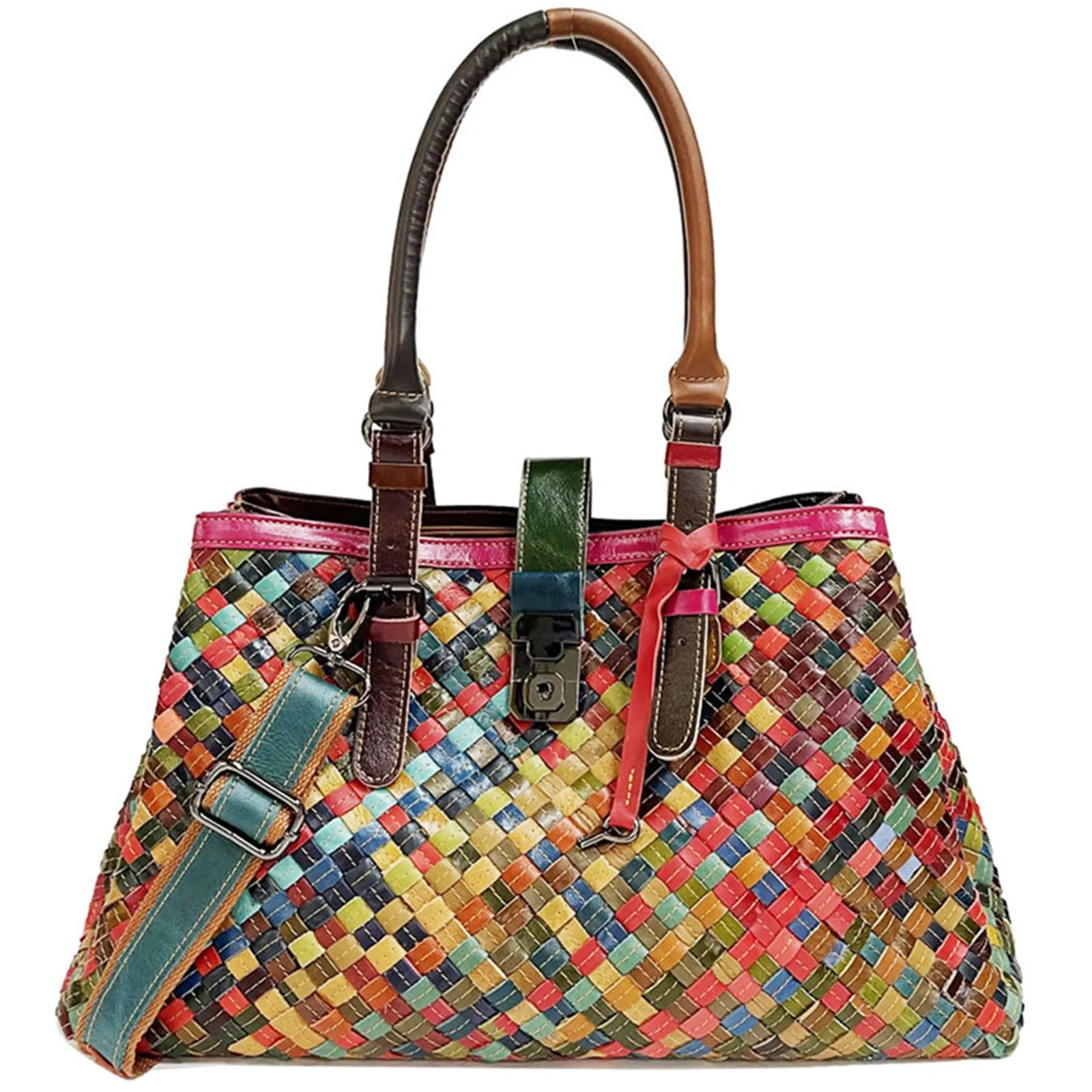 Fashionable Top Grain Genuine Leather Women Shoulder Bags Woven Handbag Contrasting Color Travel Crossbody Hand Messenger Valise