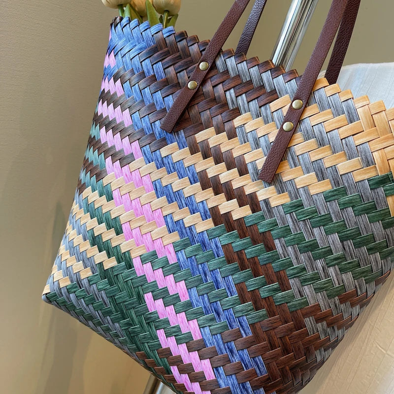 MOODS Braided Bucket Tote Bags For Women PVC Woven Design Colorful Fruit Basket Bag Big Capcity Shopper Tote 2025 Latest Handbag