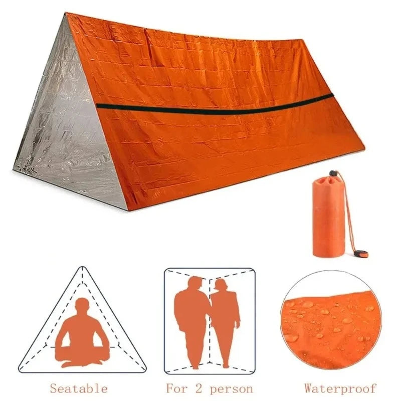 2 Person Emergency Shelter Survival Tent Kit Mylar Tube Tent Sleeping Bag Waterproof Outdoor SOS Thermal Blanket Reusable