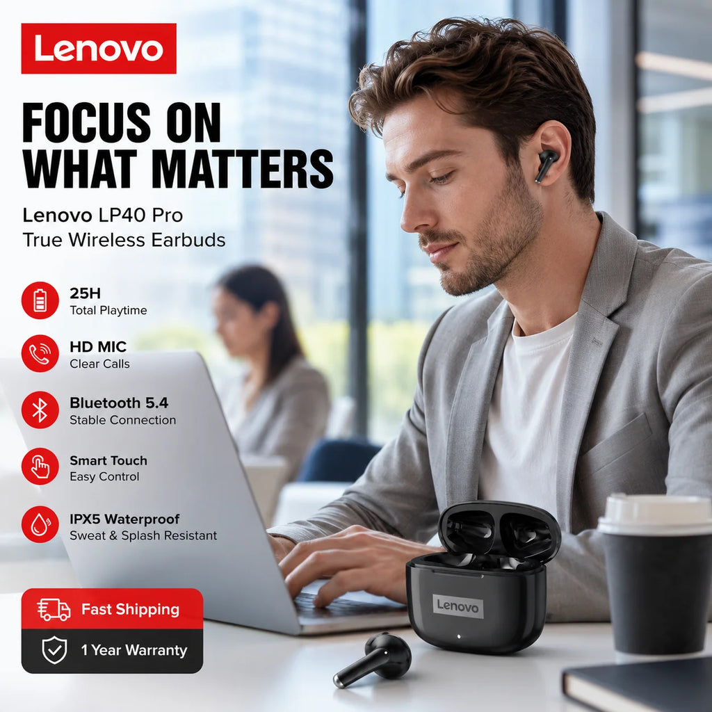 Lenovo LP40pro TWS Wireless Earbuds Bluetooth 5.3 HiFi Stereo Noise Reduction Sports Gaming Headphones for Running Travel Office
