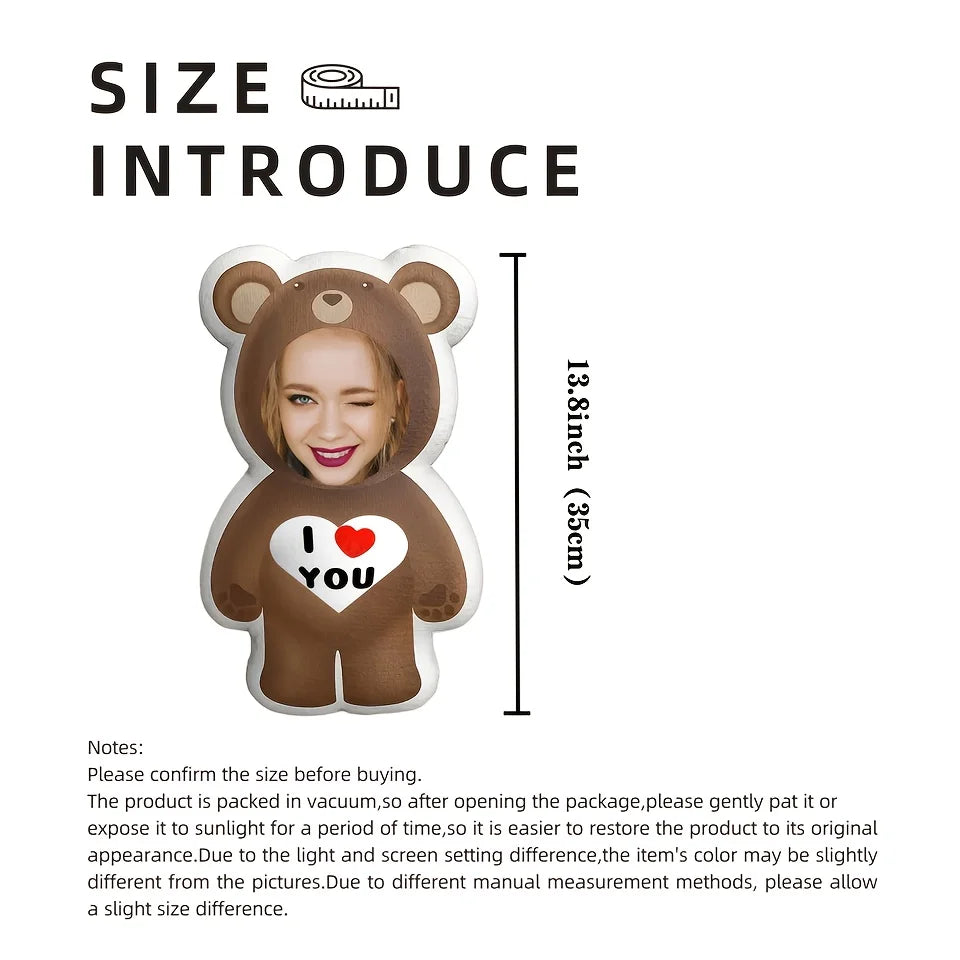 Customized Photo Bear Pillow Personalized 'I Love You' Facial Plush Ideal Gift for Loved Ones. Soft and Comfortable Short Plush
