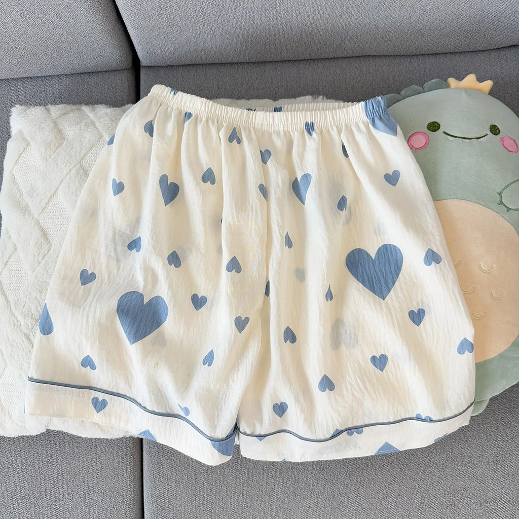 Women's Summer Thin Pajamas with Heart-Shaped Pattern, Short-Sleeved Shorts, Sweet and Cute, Can Be Worn Outside in Summer, Two-Piece Home Wear Set