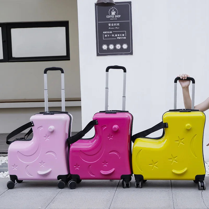 New Suitcase for Kids Wooden Horse Sit to Ride on Luggage with 360° Swivel Wheel 20/24 inch Small Travel Suitcase Boardable