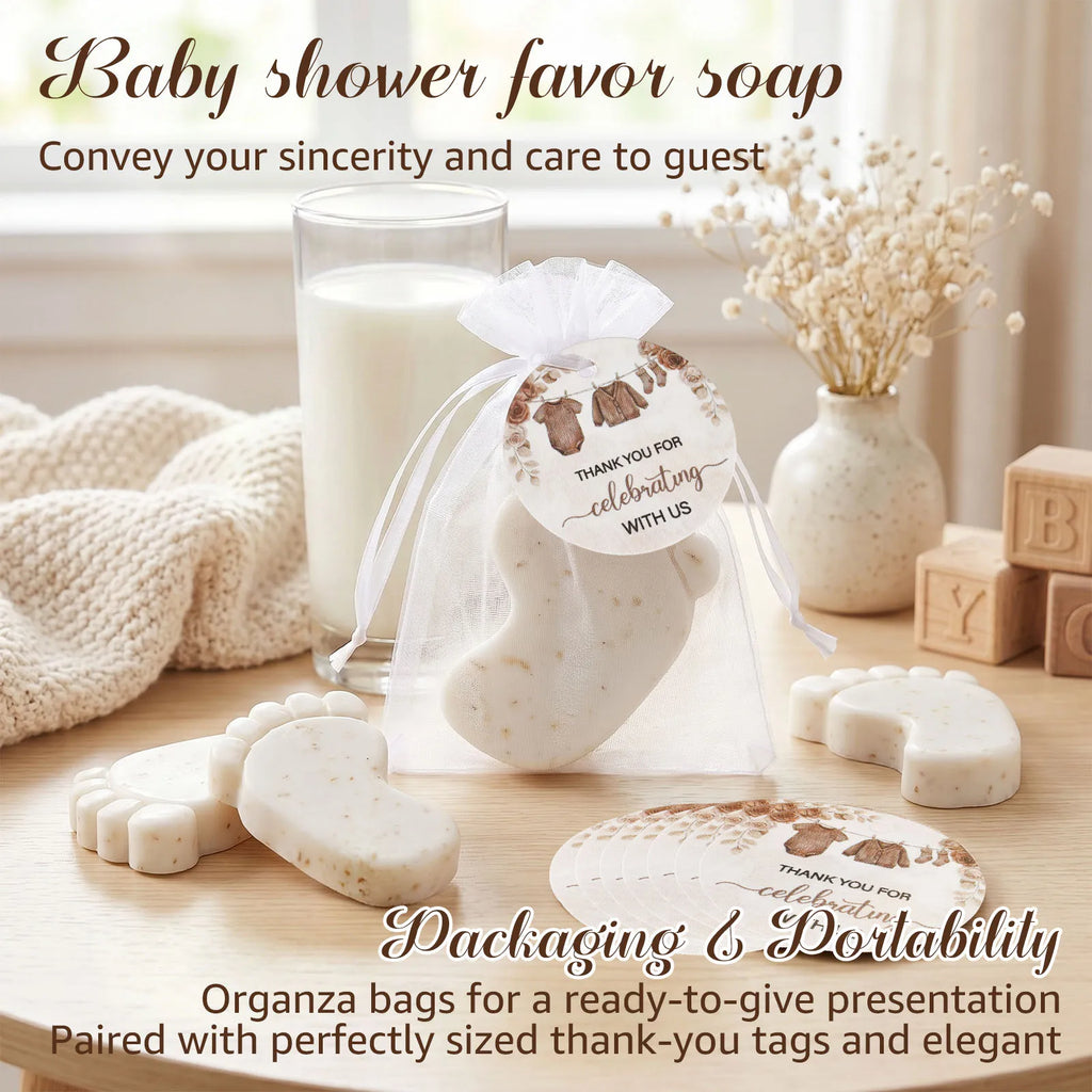 50 Sets Baby Shower Favors Cute Footprint Oatmeal Glycerin Soaps with Organza Bag and Thank You Card Keepsake Present for Guests