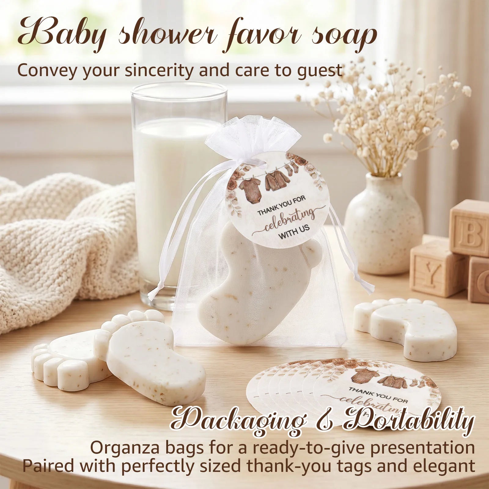 50 Sets Baby Shower Favors Cute Footprint Oatmeal Glycerin Soaps with Organza Bag and Thank You Card Keepsake Present for Guests