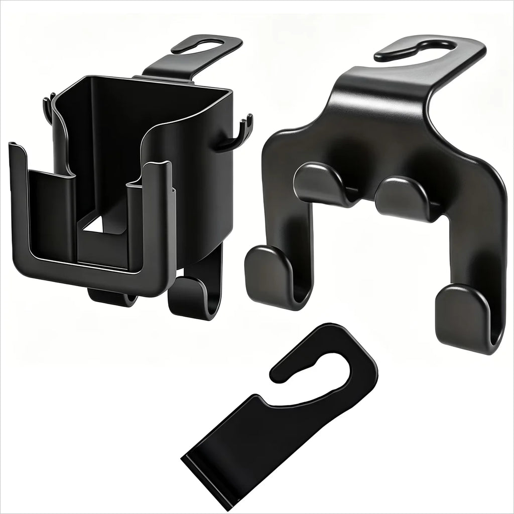 A 2-piece multi-functional car seat back storage bag, including a cup holder, a phone stand and a hook.