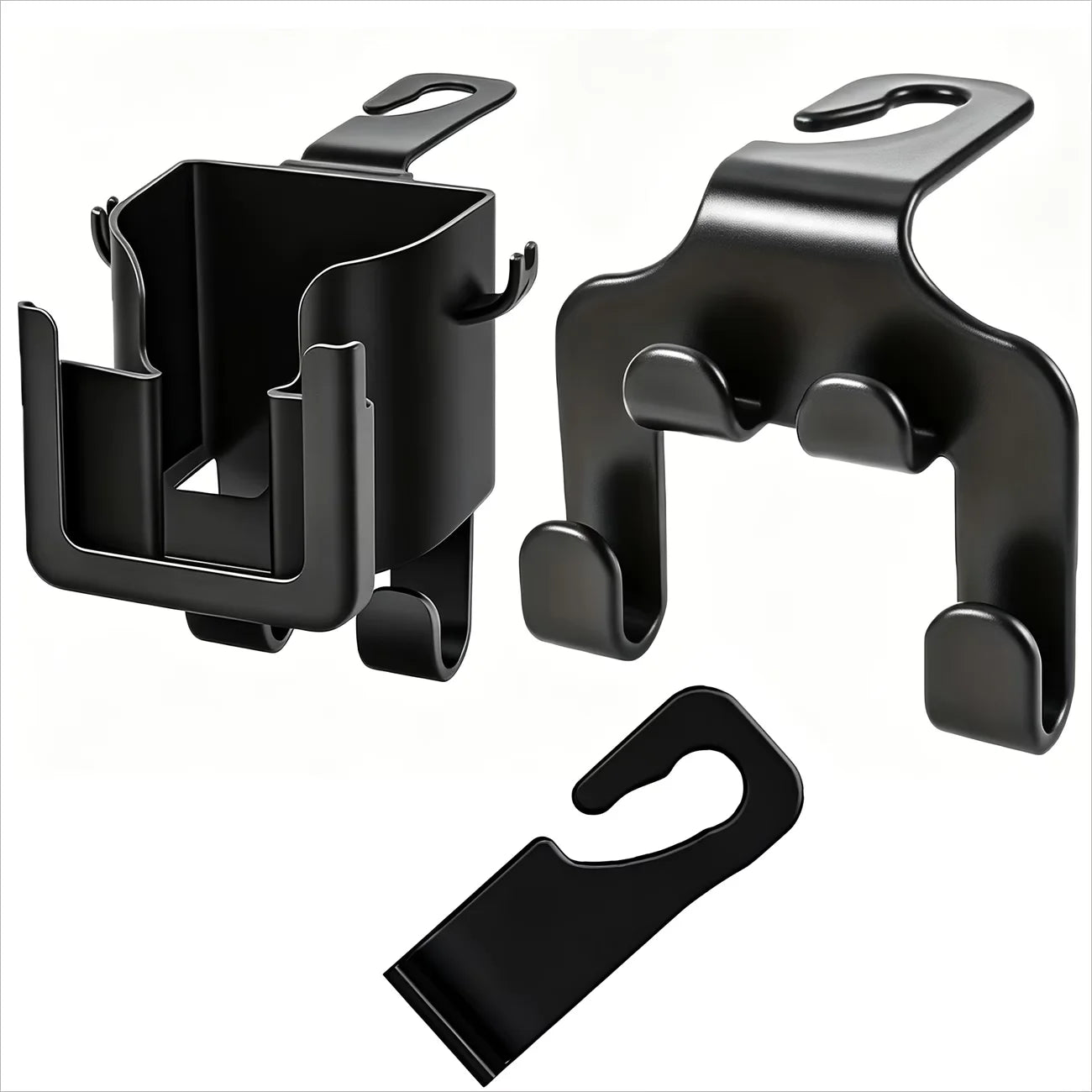 A 2-piece multi-functional car seat back storage bag, including a cup holder, a phone stand and a hook.