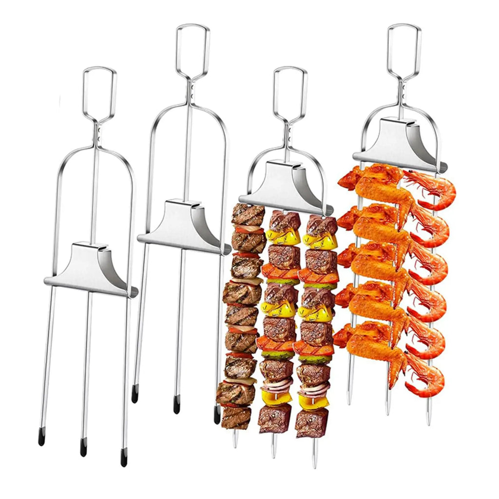 Set of 1/3 Stainless Steel Barbecue Fork BBQ Fork Practical Grilling Skewers for Meat Shrimp Kitchen Tools with Push Rod Sliders