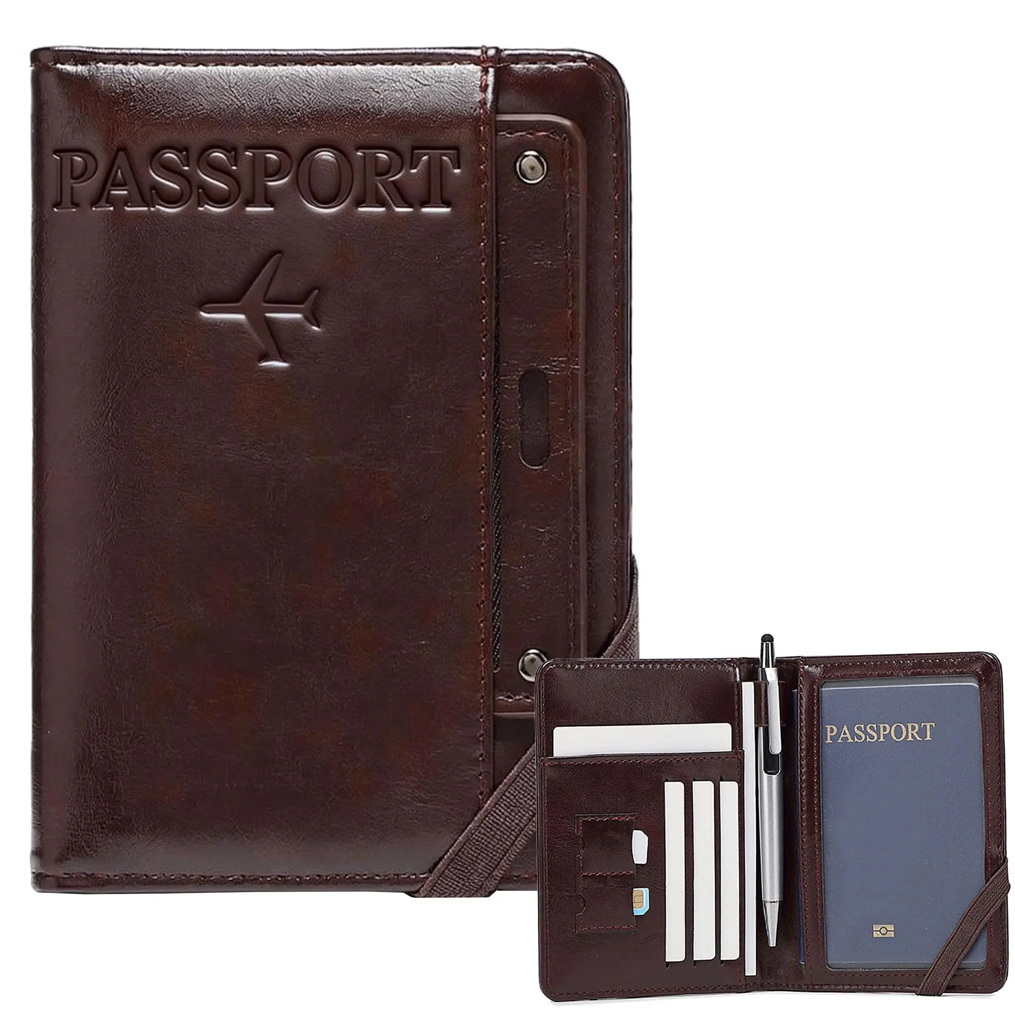 Men Women Leather Passport Holder Cover RFID Blocking Travel Wallet Passport Case with Pen Holder Dual SIM Card Slots