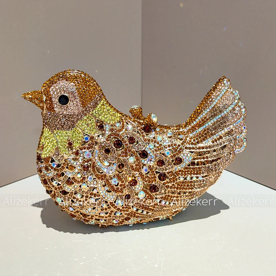Alizekerr Pigeon Shaped Crystal Evening Bags Women Gorgeous Rhinestone Metallic Bird Clutch Purses Ladies Unique Handbags Party