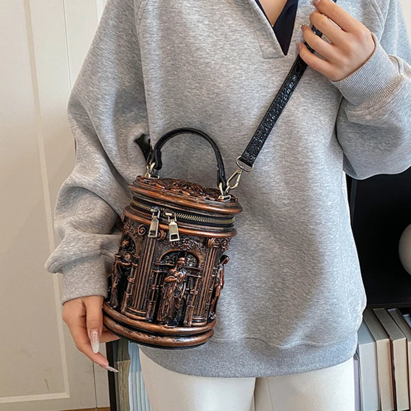 Baroque Style 3d Embossed Bucket Bag Creative Sculptural Cylinder Handbag Unique Retro Artistic Design Crossbody Purse For Women