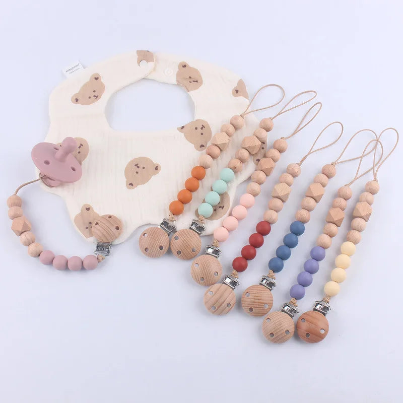 Baby Chain Pacifier Clips Silicone Beech wood Beads Infant Nipple Appease Soother Chain Clips Dummy Holder Nipple Clip Anti-drop