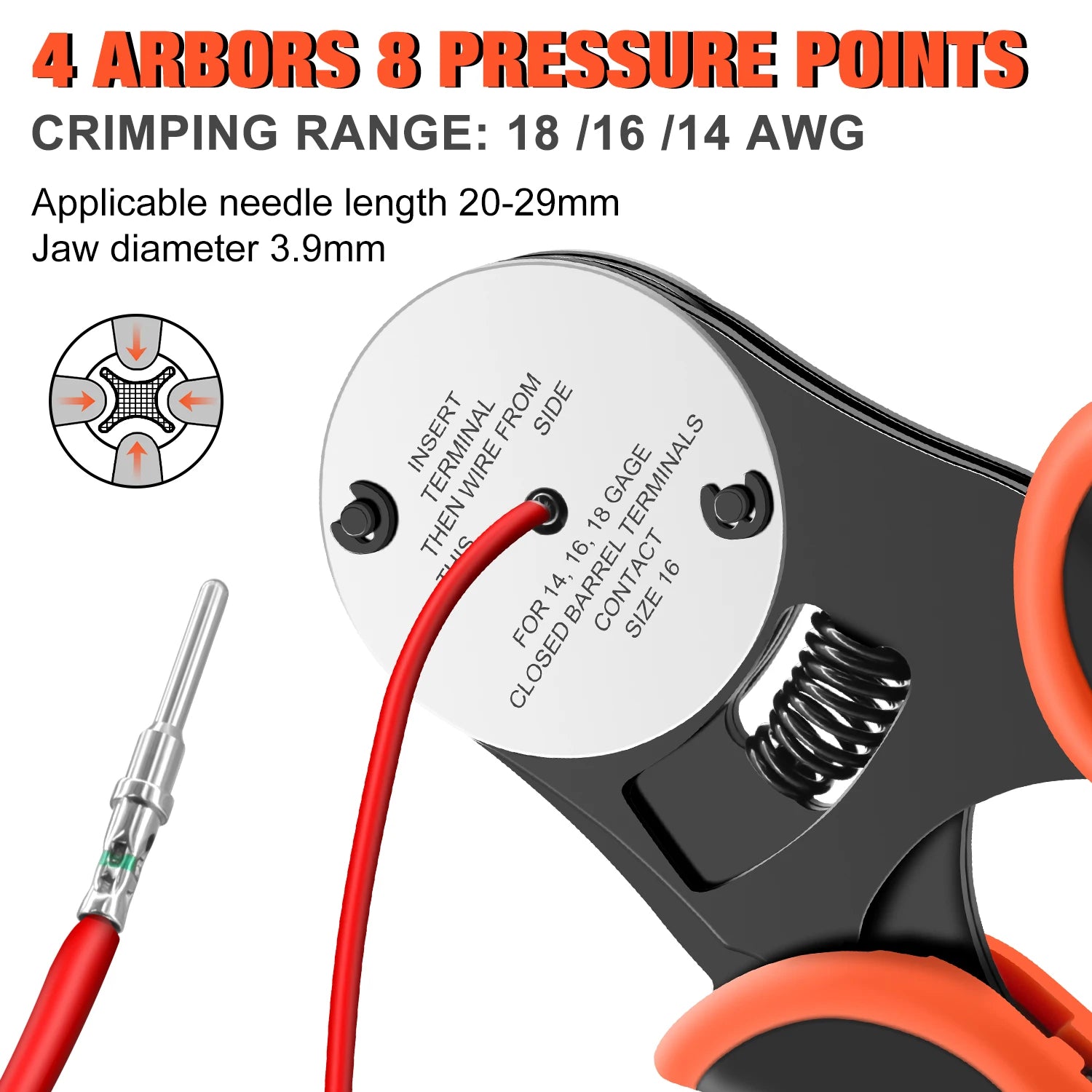Deutsch Crimp Tool Closed Barrel Crimper 4 Way Indent 8 Impression Type Pin Crimping Tool for Deutsch Connector 14, 16, 18 AWG