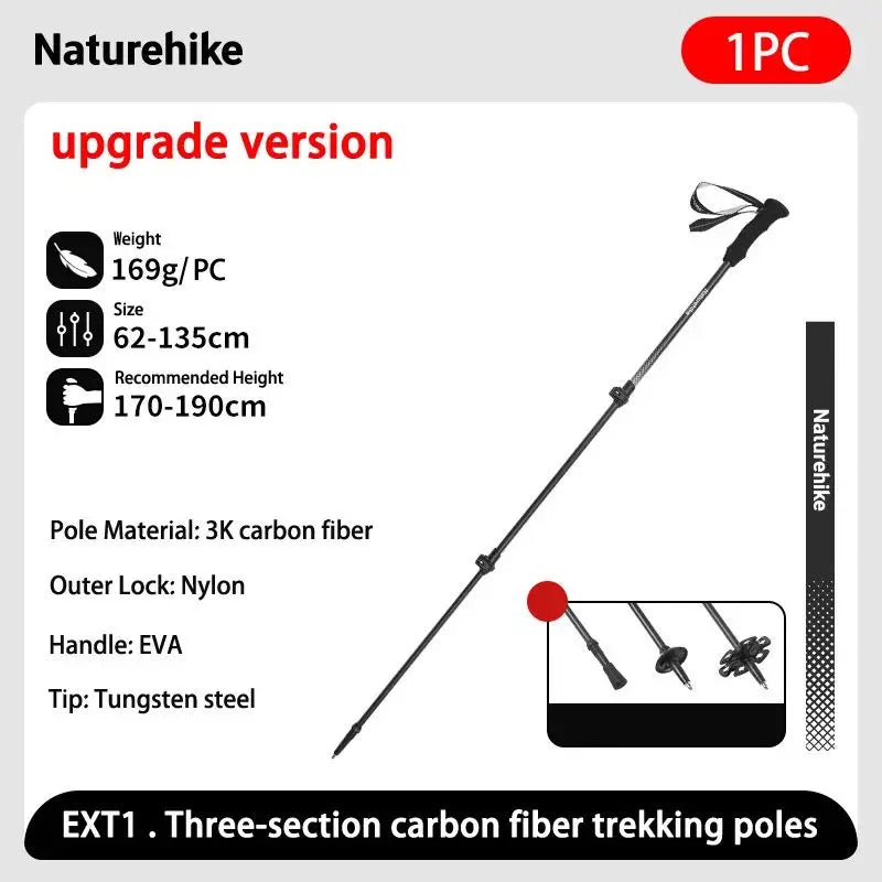 Naturehike 3-section Carbon Fiber Hiking Poles Ultralight Telescopic Trekking Poles Outdoor Hiking Camping Walking Stick