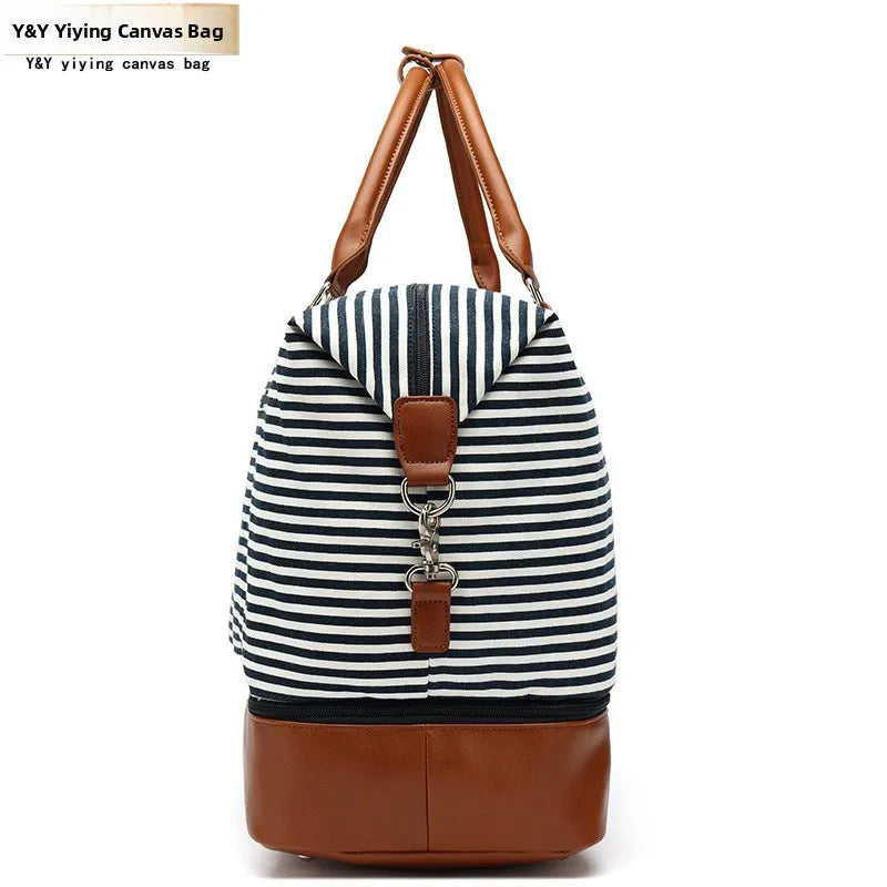 Fashionable Striped Canvas Travel Bag Waterproof Handheld Luggage PU Sports Bag Storage Wet And Dry Separation Bag Leisure Tr...