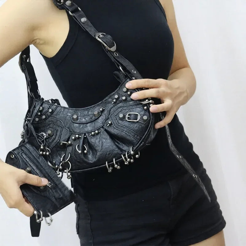 Women's Punk Bag Set, White Crumpled Tote With Matching Wristlet, Studded Design & Metal Hardware, Versatile Day To Night Wear