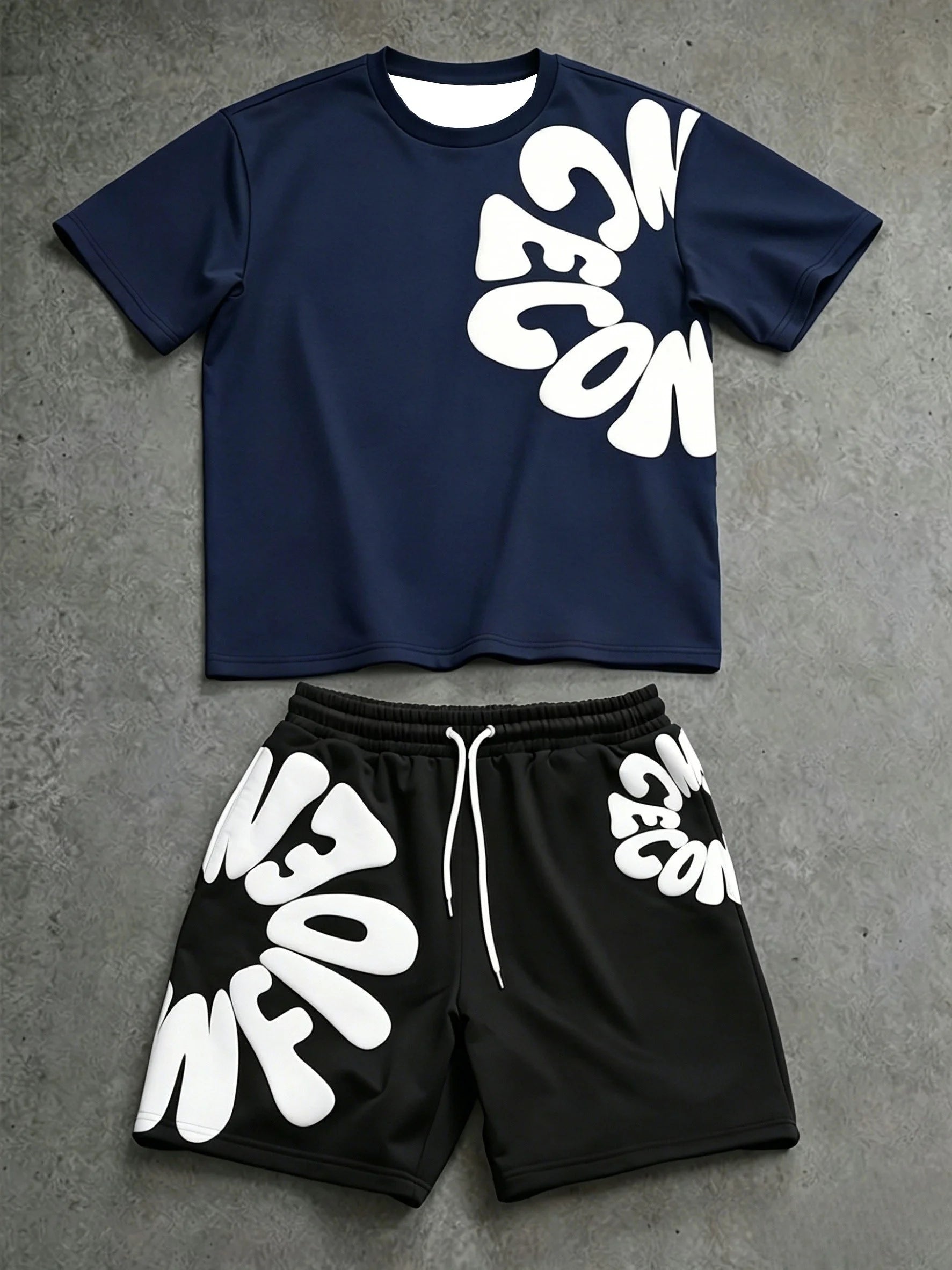 2026 Retro Y2K Bubble Letter Print Adult Men 2 Piece Tee Shorts Running Sports Casual Tracksuit Set