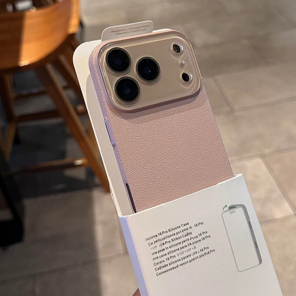 Luxury HD Hard Glass Camera Case For iPhone 17 Air 16 15 14 13 12 11 Pro Max Plus Hard PC Leather Texture Armor Shockproof Funda