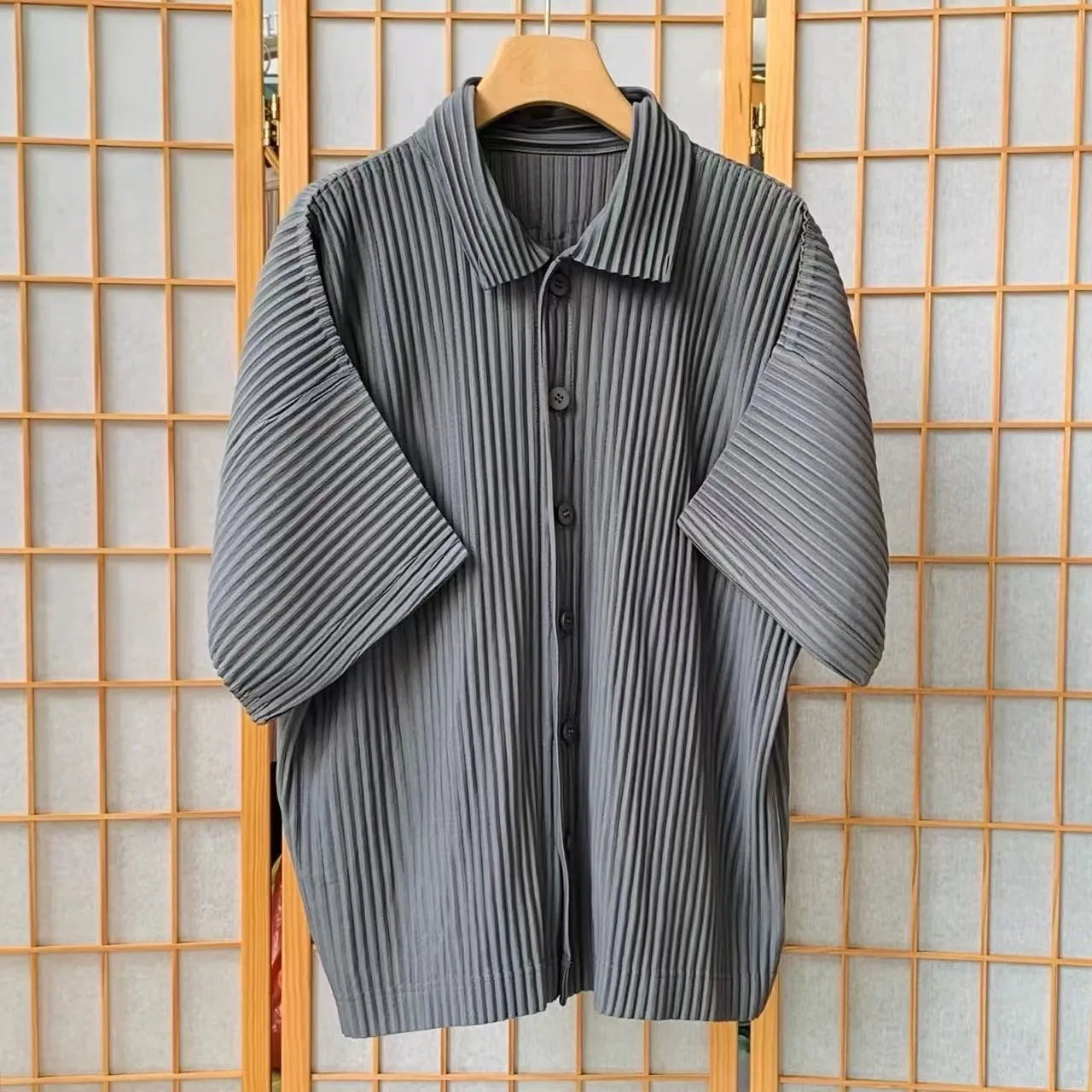Miyake Pleated Short Sleeve Shirt Men's 2026 Classic Pleats Top Short Sleeve Summer Loose Plisse Jacket Loose Plus Size Fold Top