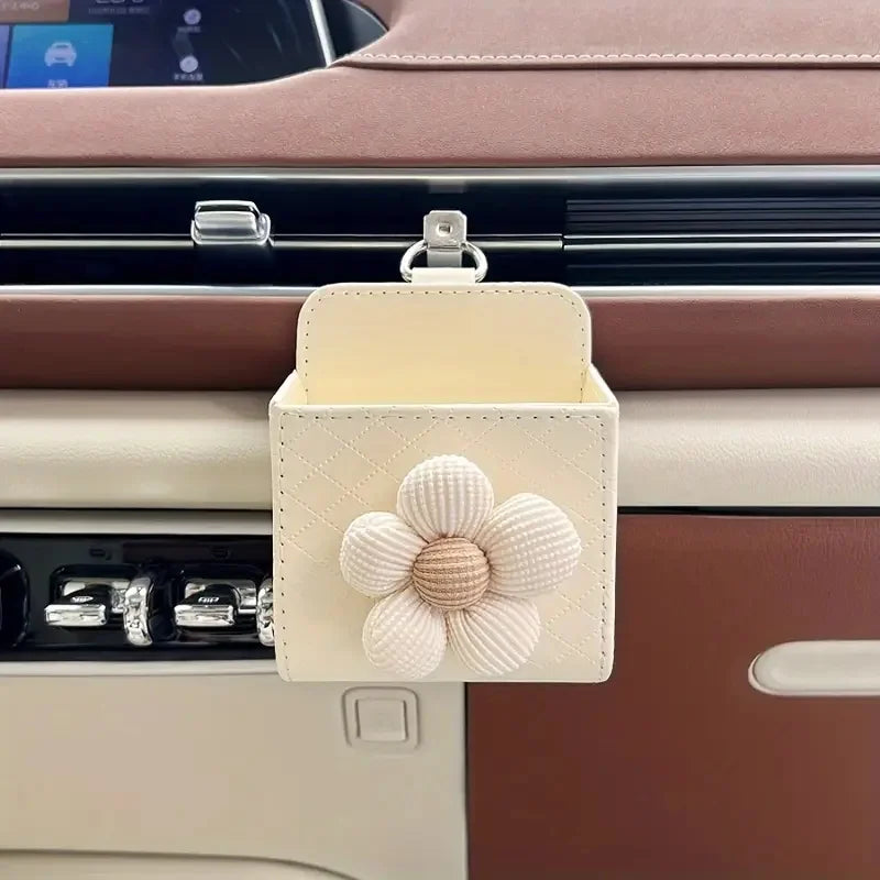 A Flower Patterned PU Leather Car Storage Box, Lightweight and Portable, Glove Box Organizer, Vehicle Interior Decoration