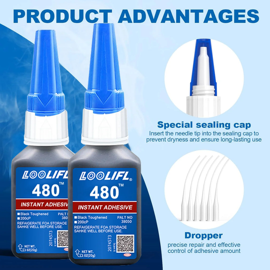 LOOLIFL 480 Upgrade Kit Black Super Glue Cyanoacrylate Adhesive Fast Plastic Wood Metal Tires Rubber Shoes Strong Repair Glue