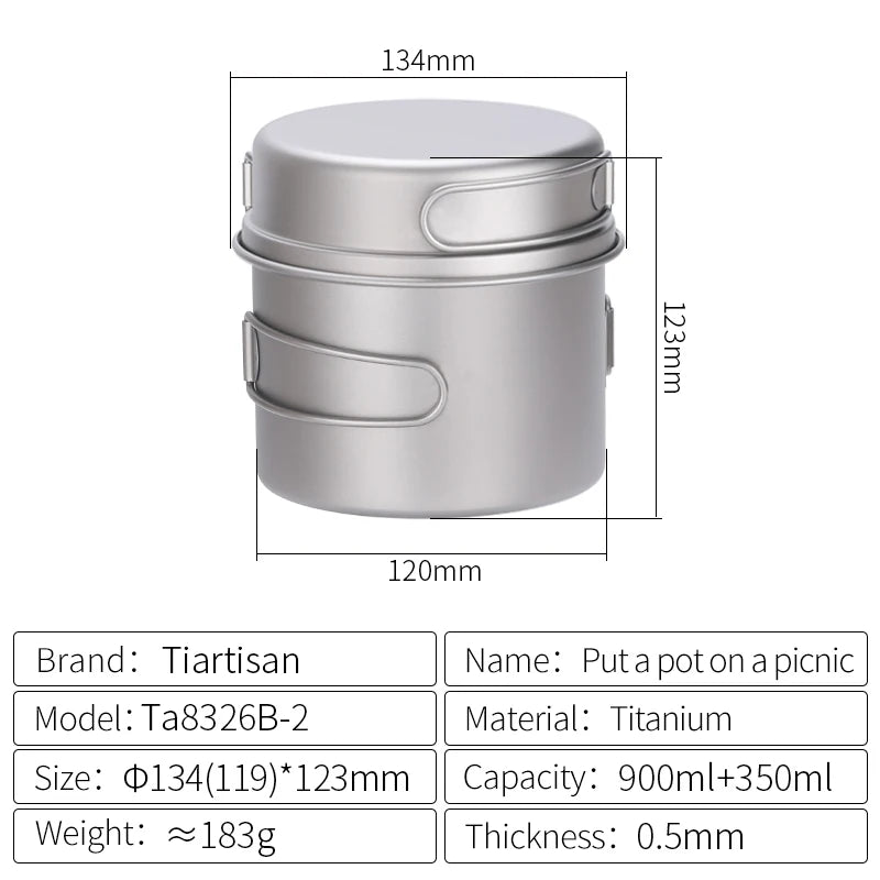 Tiartisan Titanium Folding Handle Camping Pot Frying Pan Set  Lightweight Portable Cookware Equipment For Outdoor Hiking Picnic