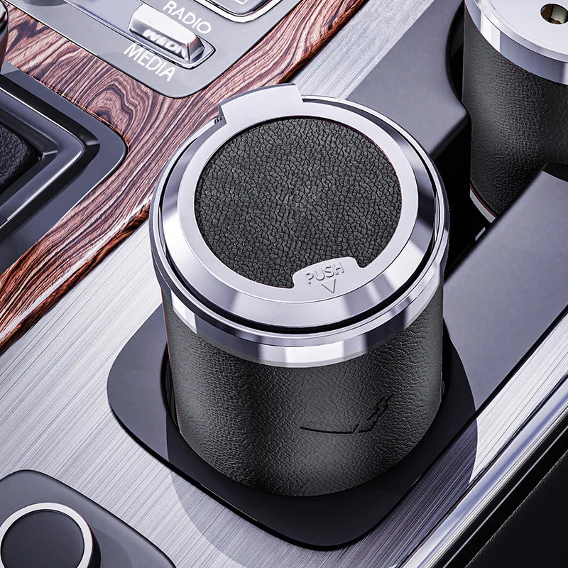 Car LED Ashtray, Light Luxury Leather Appearance, Alloy Liner, Car Ashtray Push Switch, Smart Car Ashtray
