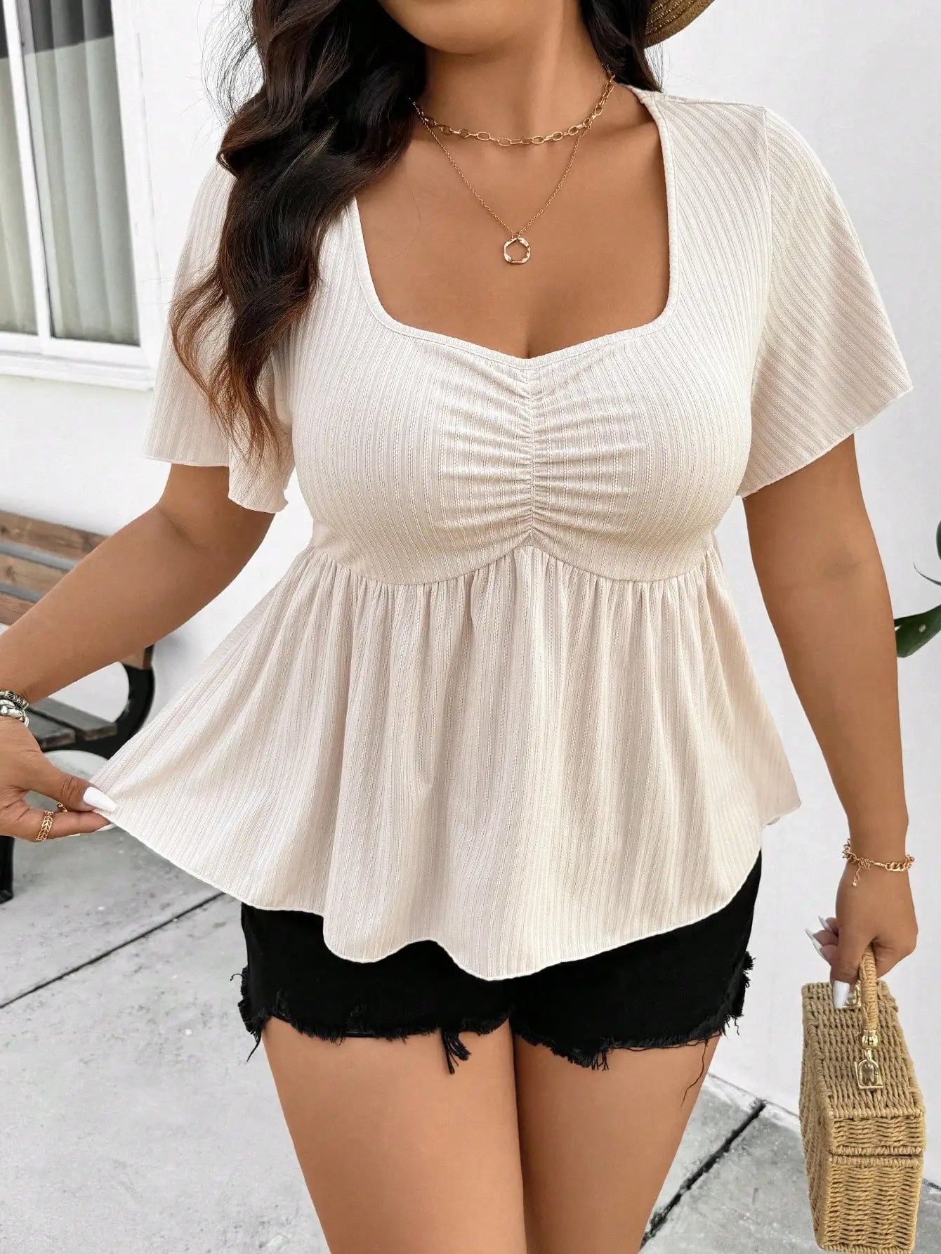 Plus Size Square Neck Ruched Flutter Sleeve Peplum Top