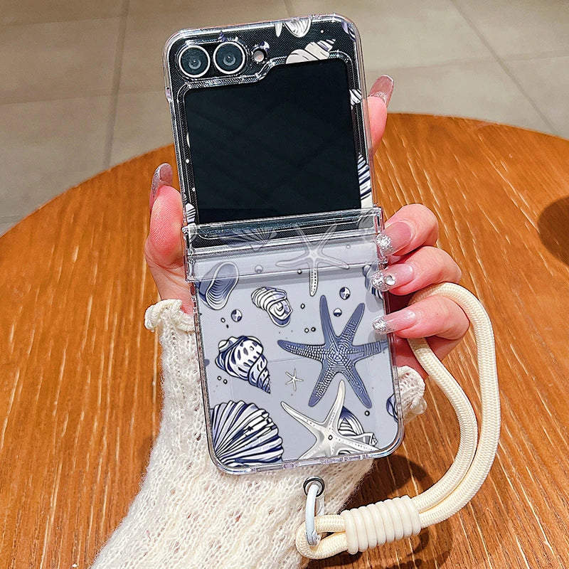 Shark Turtle Print Lanyard Phone Case For Samsung Galaxy Z Flip 8 7 FE 6 5 4 3 5G Folding Hard Clear Cover For Samsung Z Flip7 6
