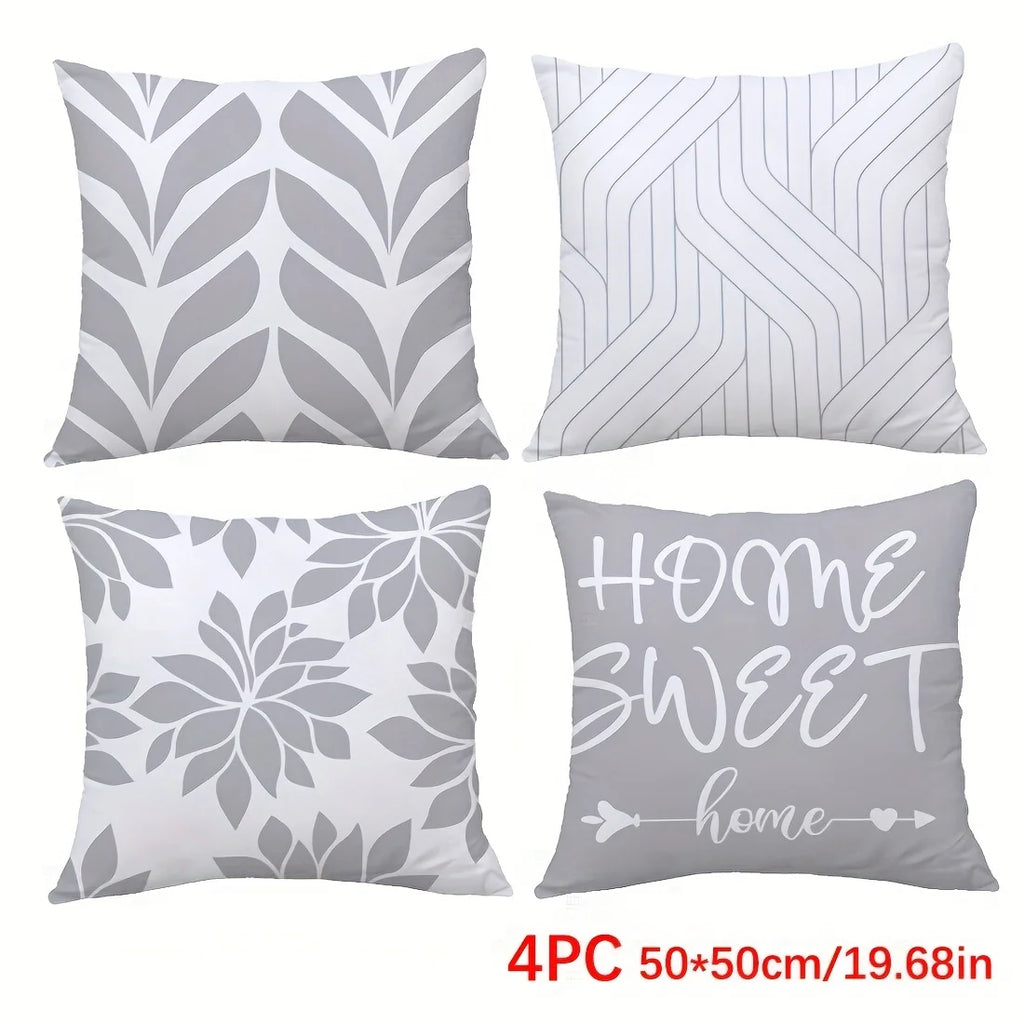 4Pcs Single-Sided Print Pillow Covers - Gray Leaf Line Minimalist Design, Home Decor Cushion Cases for Living Room Sofa Bedroom
