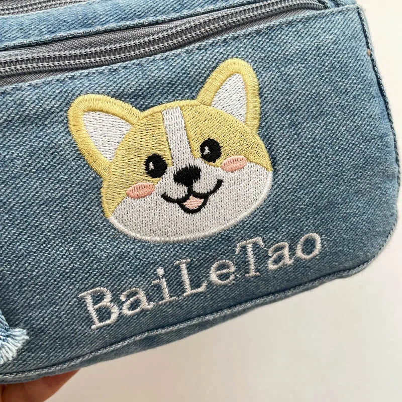 Korean Version Denim Crossbody Bag with Cute Dog Embroidery – Adjustable Strap, Multi-Pocket Small Sling for Women