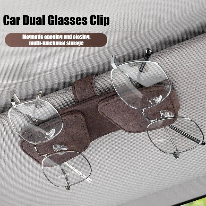 Car Sun Visor Sunglasses Holder, Magnetic Suede Clip, Double Clip for Glasses & Tickets, Car Interior Storage Accessories
