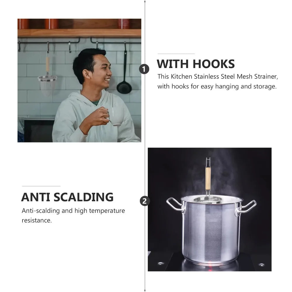 Stainless Steel Noodle Funnel Wooden Handle Multifunctional Fine Mesh Sieve Spoon Thickened Pasta Basket Strainer