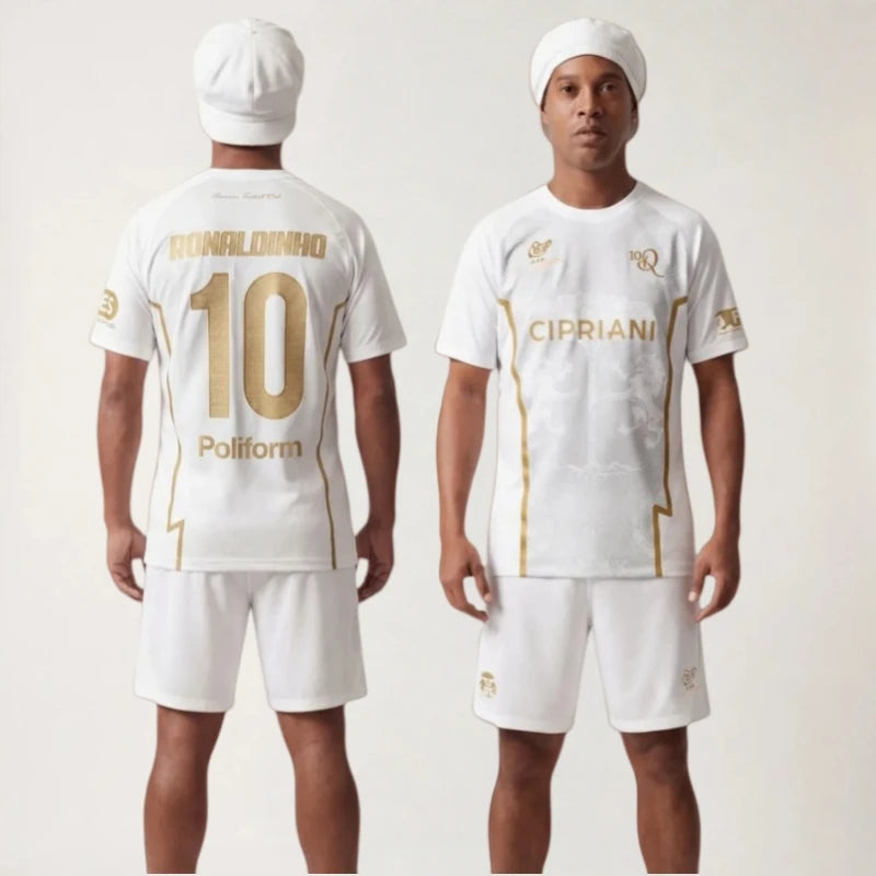 Ronaldinho No 10 White Gold Football Jersey Shorts Set Men Breathable Quick Dry Soccer Uniform Print Sports Training Kit  Fans