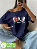 Plus Size Tokyo Japan Cherry Blossom Kanji Red Sun Graphic Print T-Shirt Loose Fit Oversized Y2K Style Women Tops Summer Off