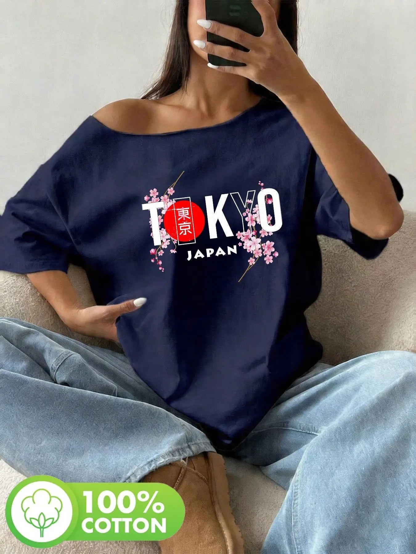 Plus Size Tokyo Japan Cherry Blossom Kanji Red Sun Graphic Print T-Shirt Loose Fit Oversized Y2K Style Women Tops Summer Off