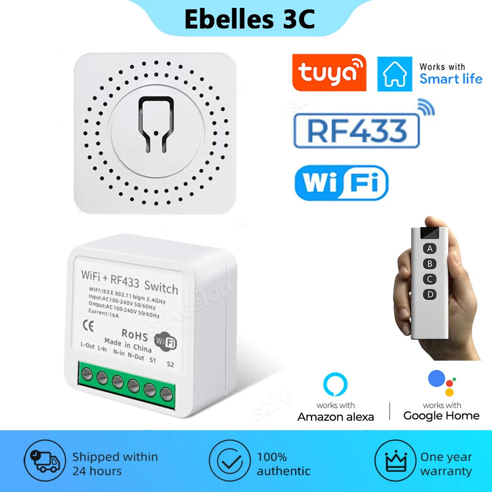 Tuya RF433 WiFi Smart Switch Smart Home 1/2/3Gang Wireless Remote Control 16A Mini Relay Receiver Voice for Alexa Google