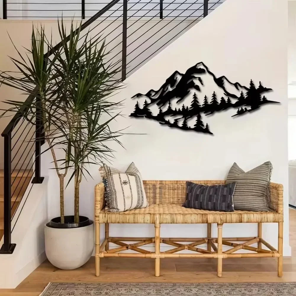 1pc Rust-Resistant Metal Mountain View Decor Black Wall Art for Indoor and Outdoor Home Walls, Stylish and Durable Accent
