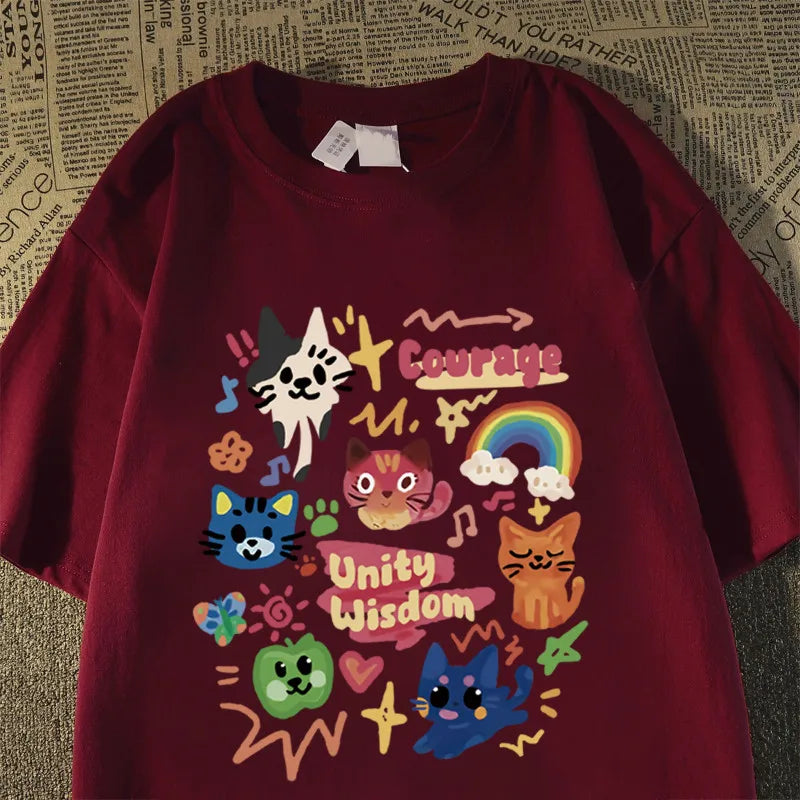 Summer Japanese Cute Child-fun Cat Printed Short-sleeved T-shirt for Ladies and Boys Same Loose Casual Large-size Top