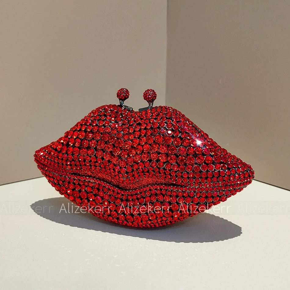 Alizekerr Lips Shaped Diamond Evening Bags Women Gorgeous Boutique Unique Rhinestone Metallic Purses And Handbags Wedding Party