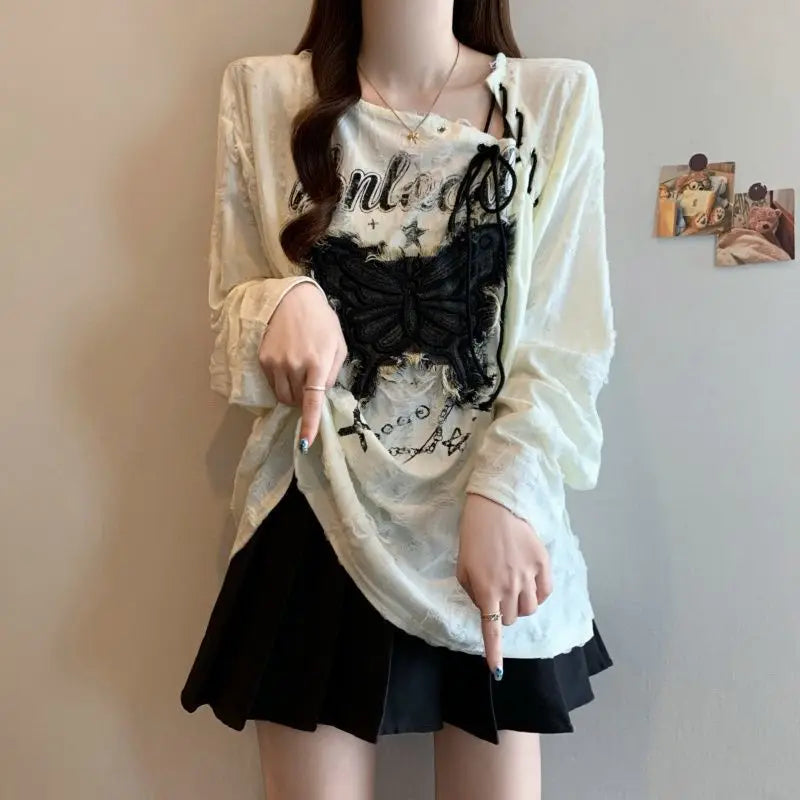 Large size women's clothing spring and autumn wrinkled hole design butterfly pattern drawstring irregular collar long sleeve top