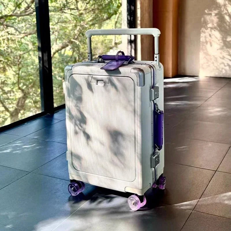Front opening luggage with aluminum frame, ice skating wheel, leather suitcase, pull rod suitcase, women's suitcase, small suitc
