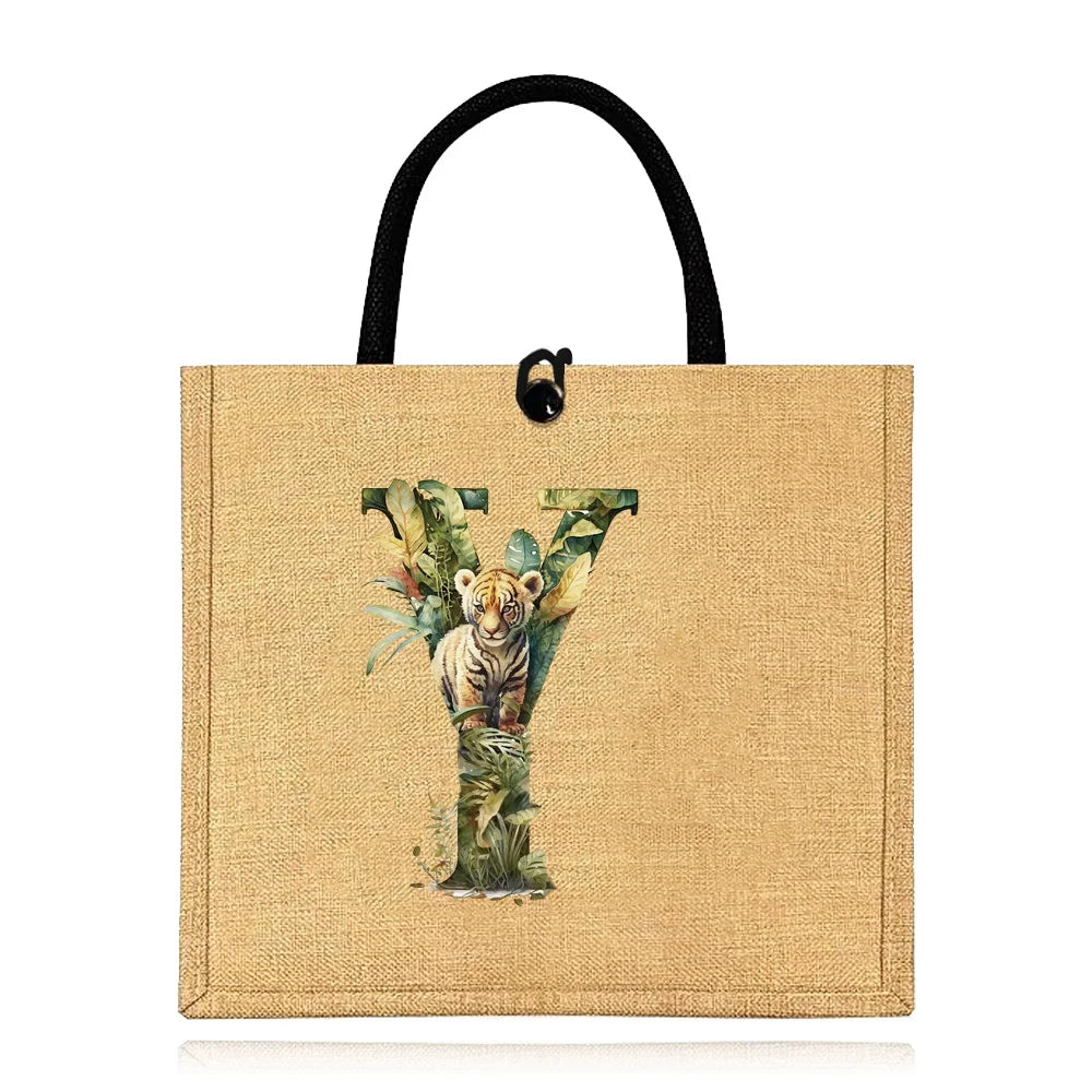 Flax Bag Fastener Handbag Organizer Storage Jute Tote Bags Imitation Cotton Women Valise Portable Jungle Tiger Printing Series