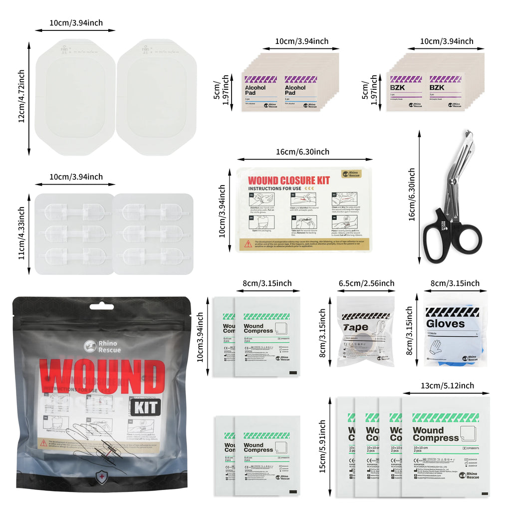 RHINO RECUE Emergency Wound Closure Strip Kit Surgical Quality Laceration Repair Without Stitches Gauze, Bandage Antiseptic Wipe