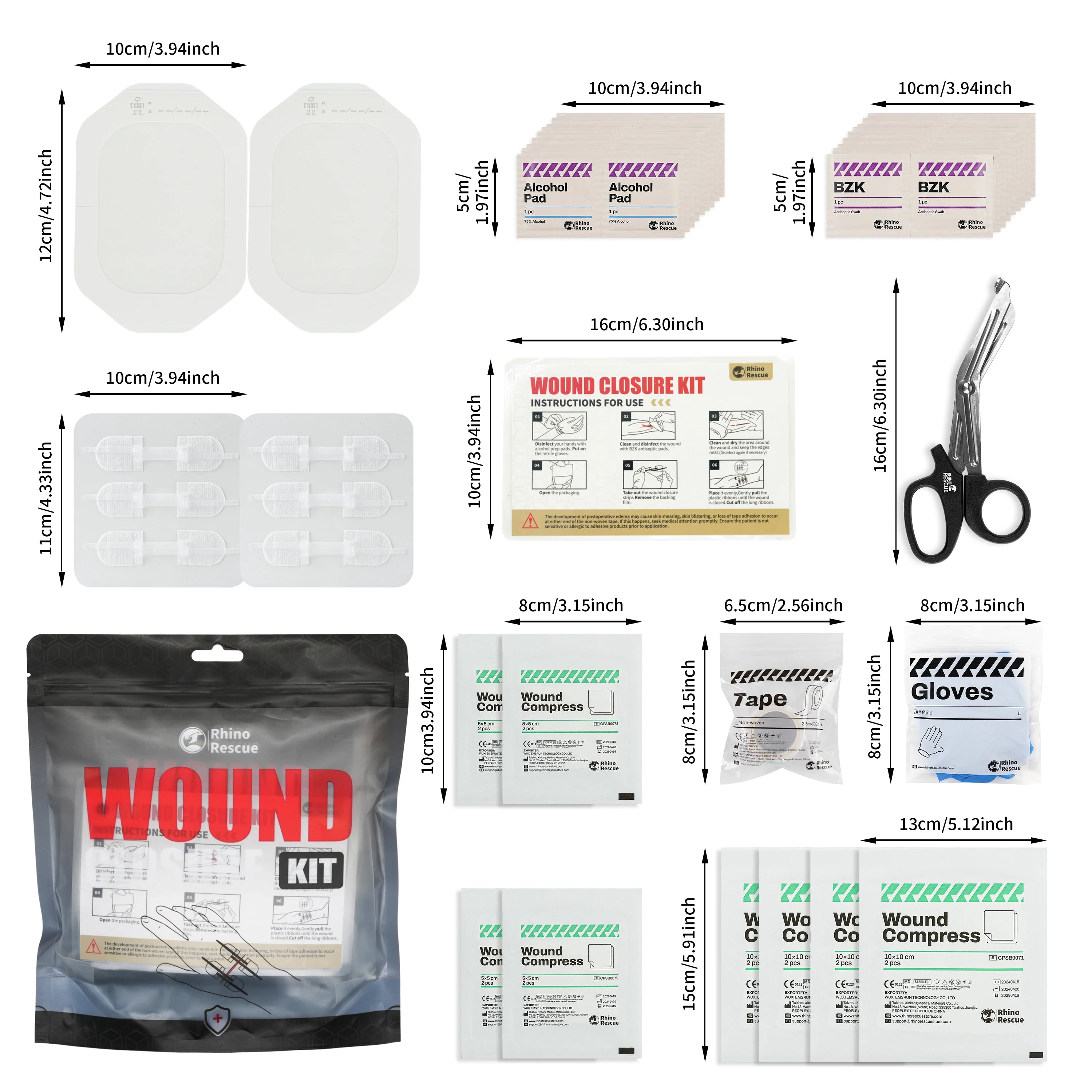 RHINO RECUE Emergency Wound Closure Strip Kit Surgical Quality Laceration Repair Without Stitches Gauze, Bandage Antiseptic Wipe